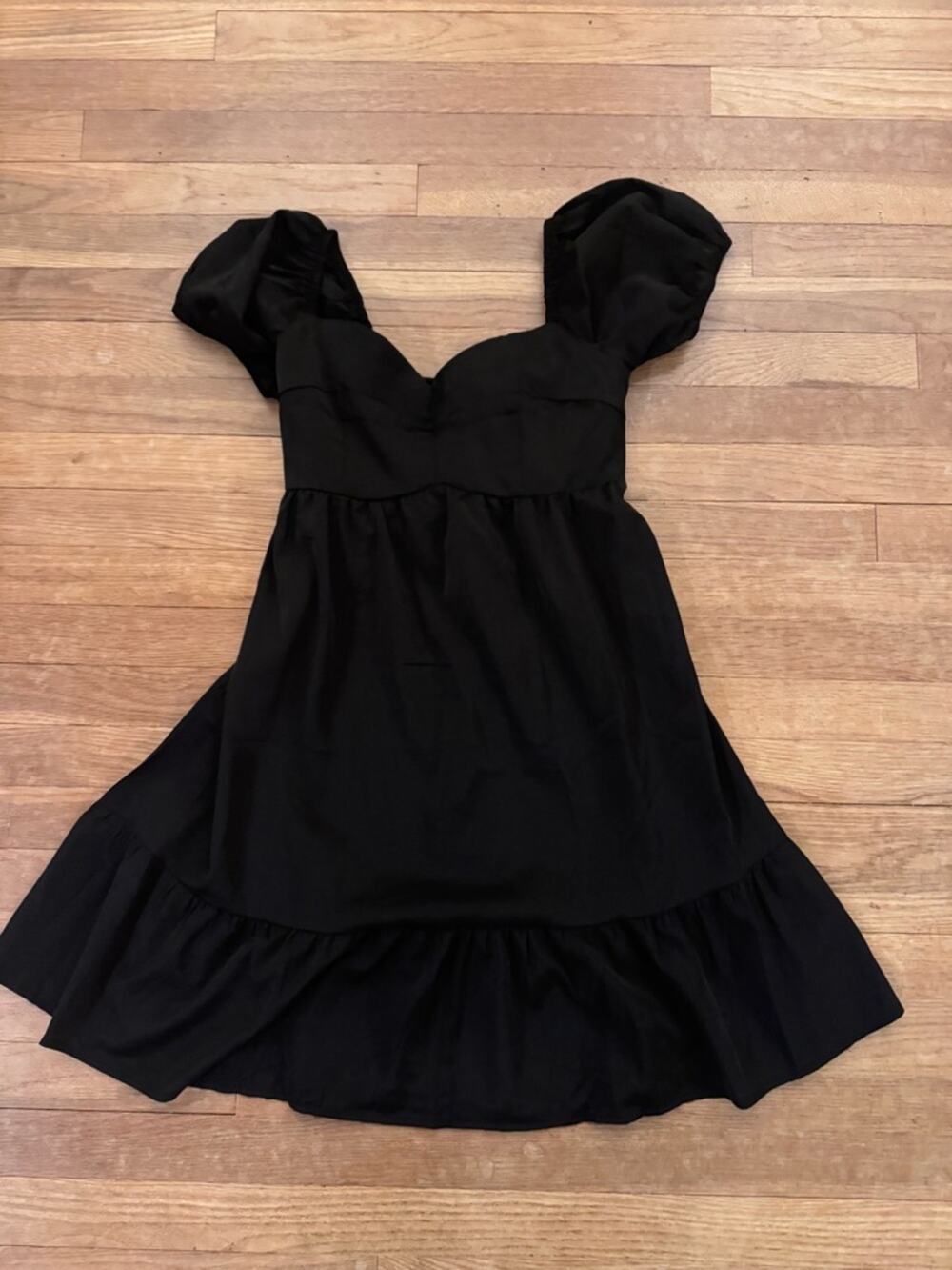 Belongsci Women's Black Mini Puff Sleeve A-Line Dress - Size M
 b22